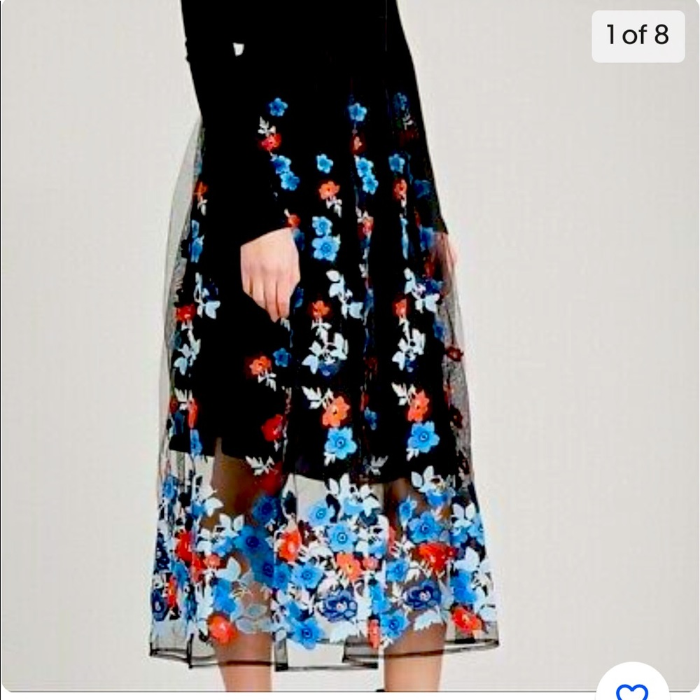 Maje floral embroidered tulle midi skirt, size 2